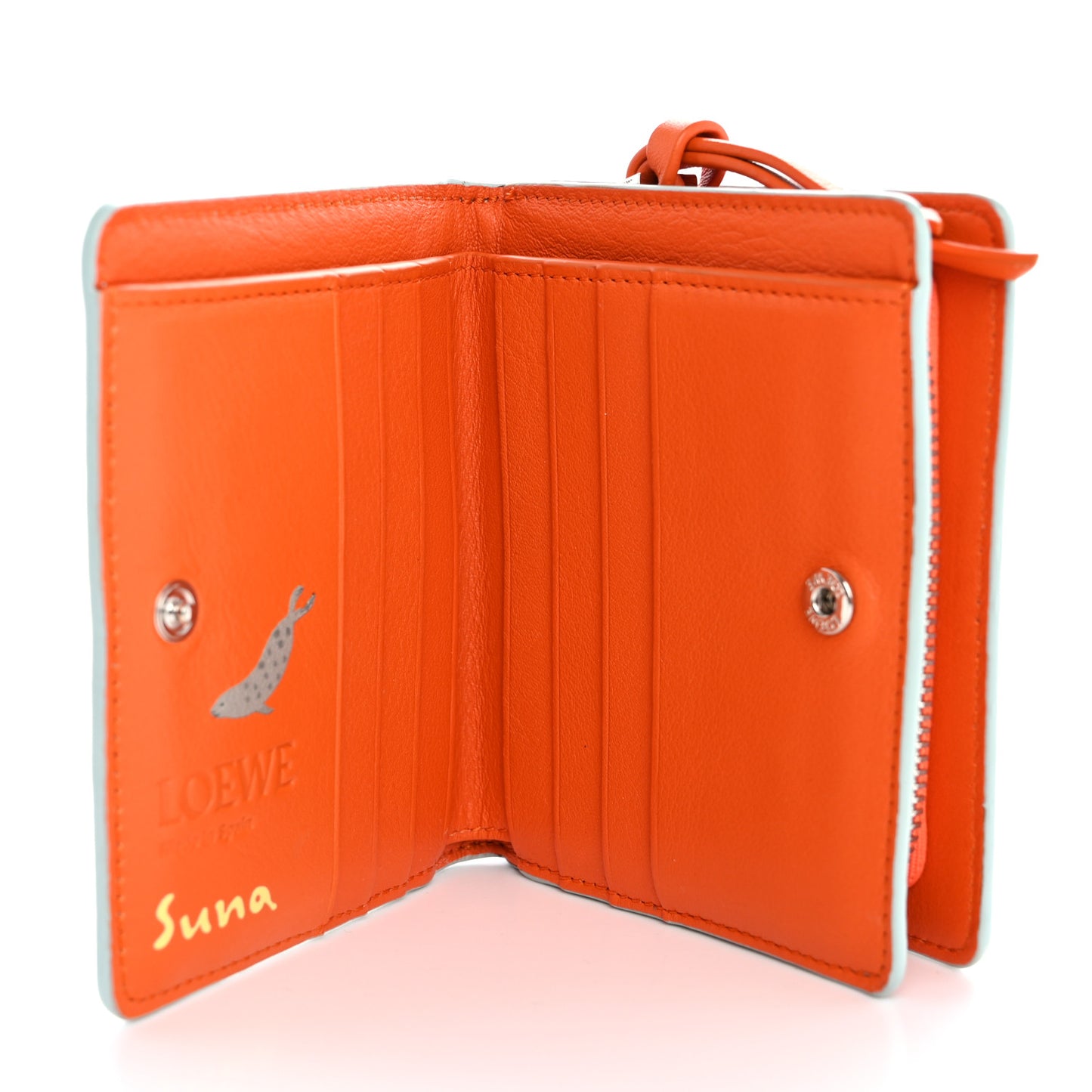 X SUNA FUJITA Satin Calfskin Penguins Compact Zip Wallet Blue Iceberg