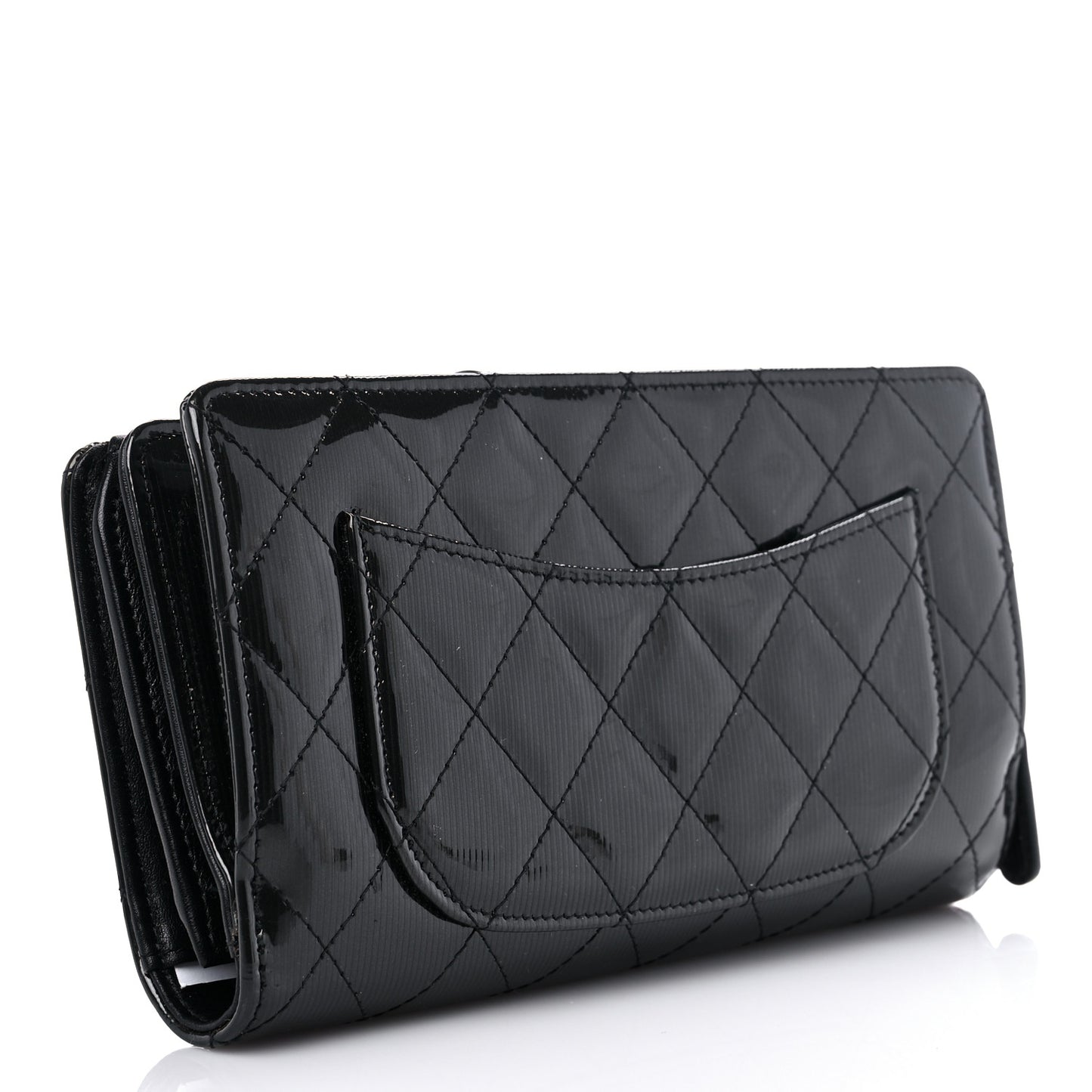 Striated Patent Quilted Zipped Pocket Long Wallet Black