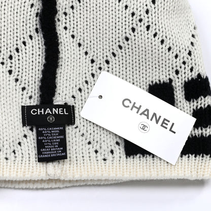 Chanel Cashmere Wool Silk Logo Beanie Hat Black White 5 of 6