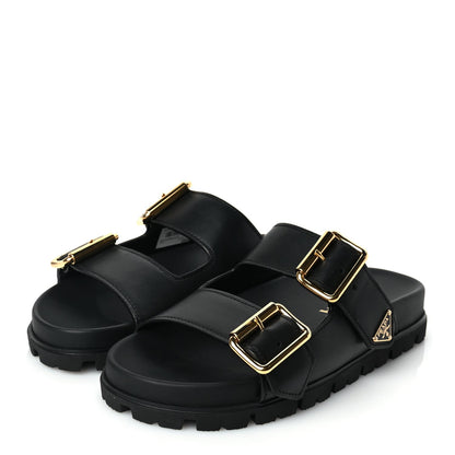 Prada Vitello Sport Metal Triangle Logo Womens Double Buckle 20mm Slide Sandals Black 4 of 9