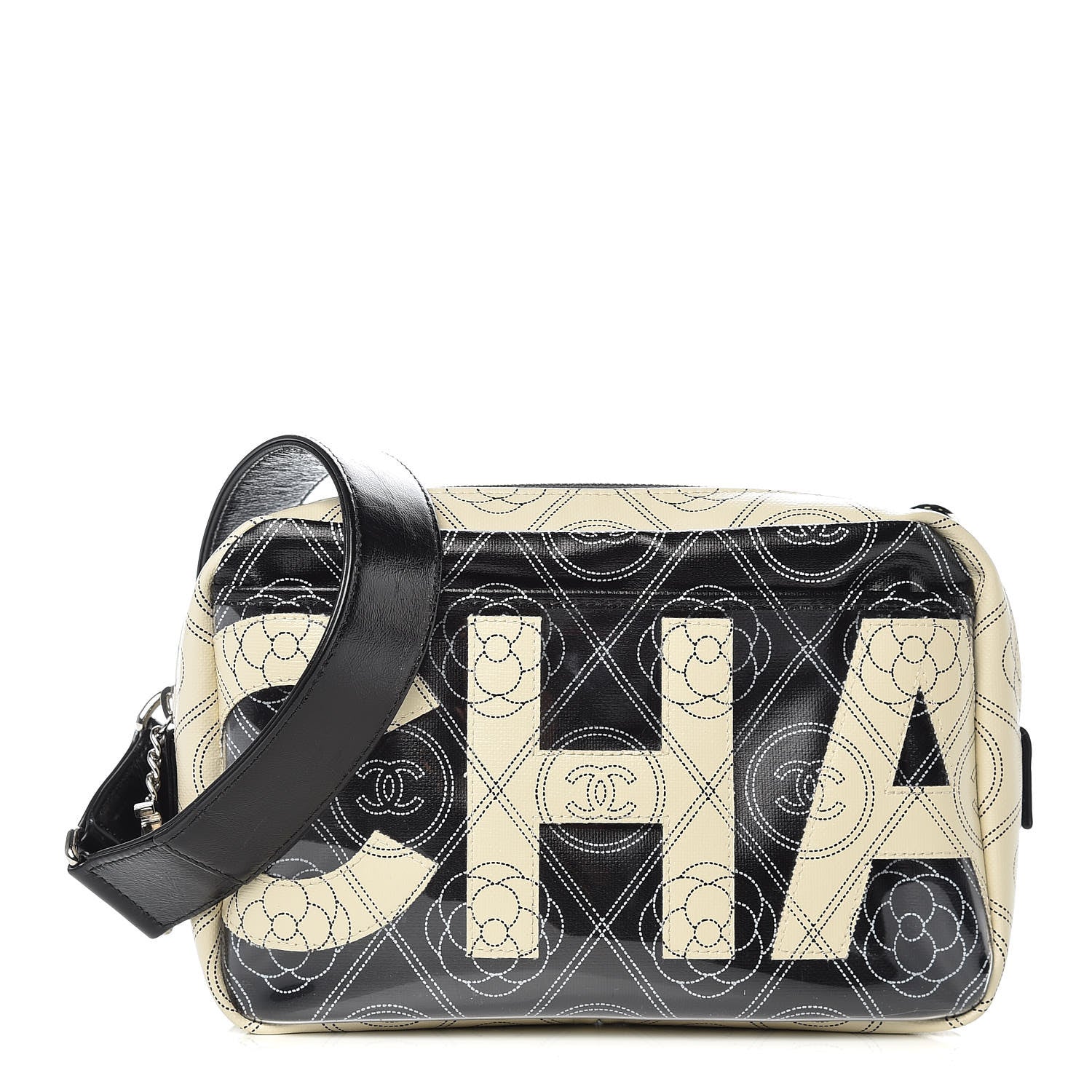 Chanel Coated Canvas Calfskin Camellia Printed Camera Case Black Beige 1 of 10