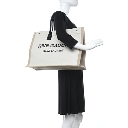 Saint Laurent Linen Calfskin Rive Gauche Tote Optic White 2 of 10