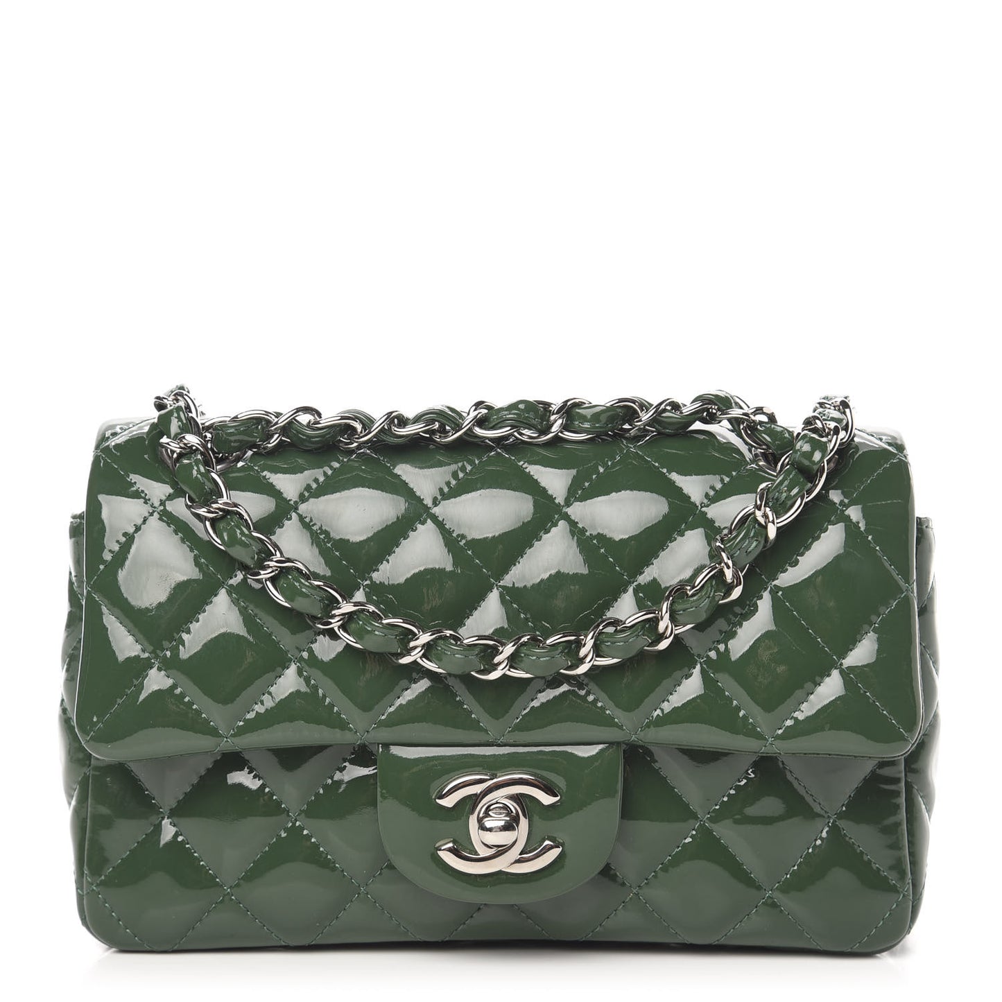 Patent Calfskin Quilted Mini Rectangular Flap Dark Green
