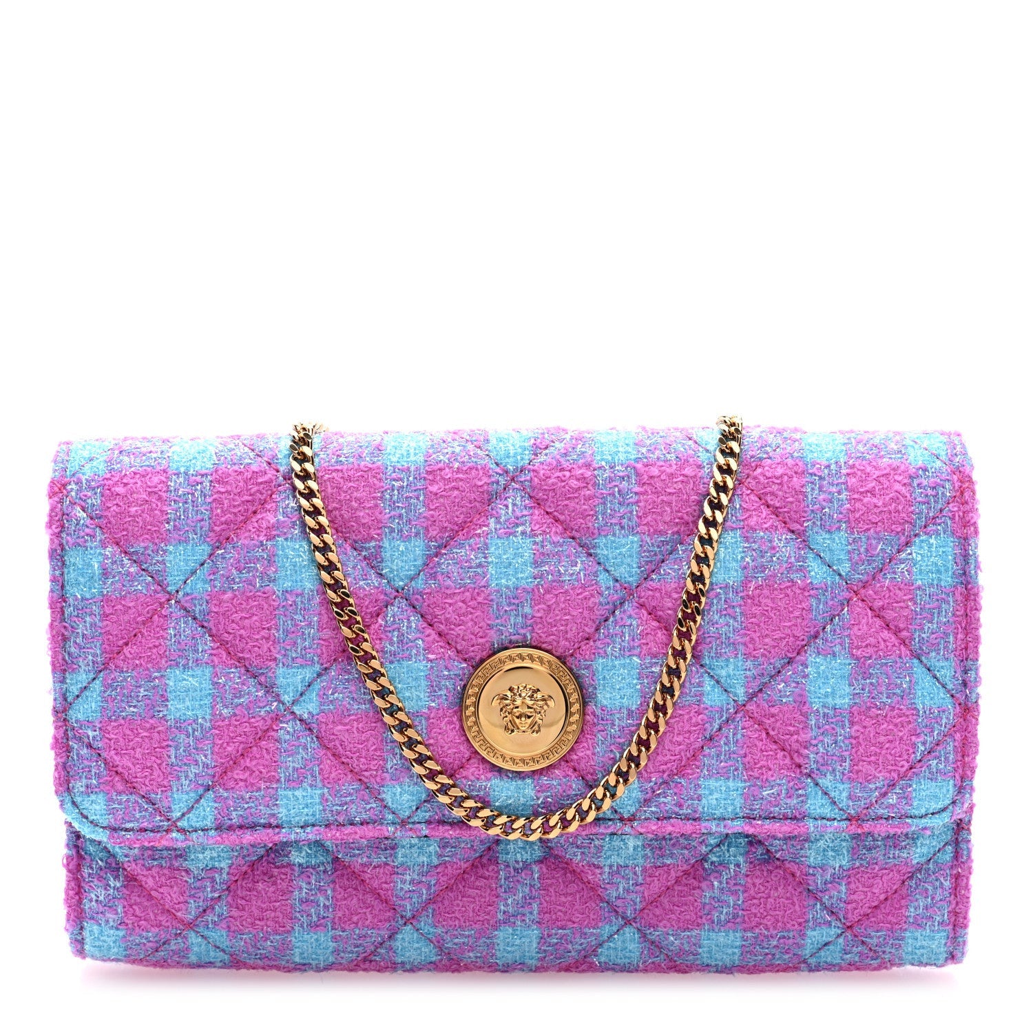 Versace Tweed Quilted Medusa Wallet on Chain Crossbody Pink Blue 1 of 7