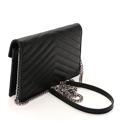 Saint Laurent Grain De Poudre Matelasse Chevron Monogram Envelope Chain Wallet Black 2 of 8