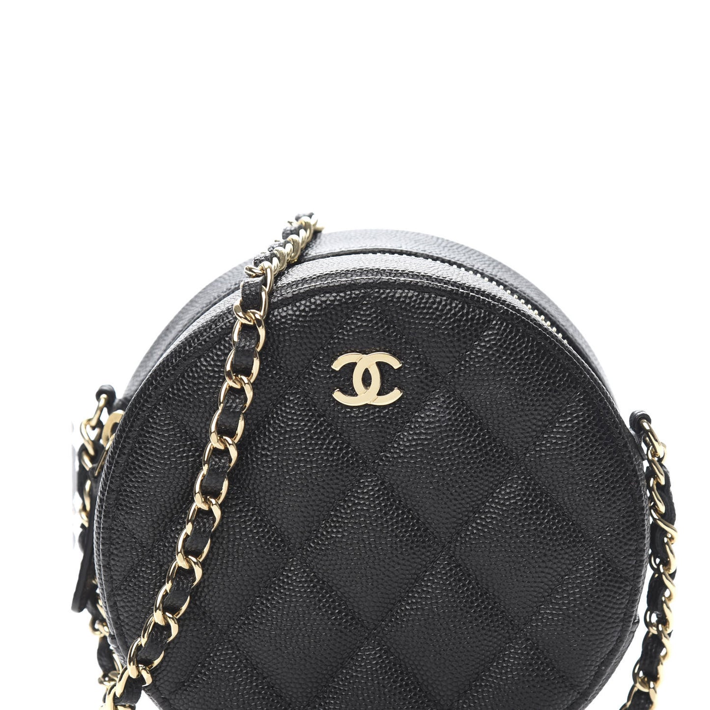 Caviar Quilted Round Clutch With Chain Black