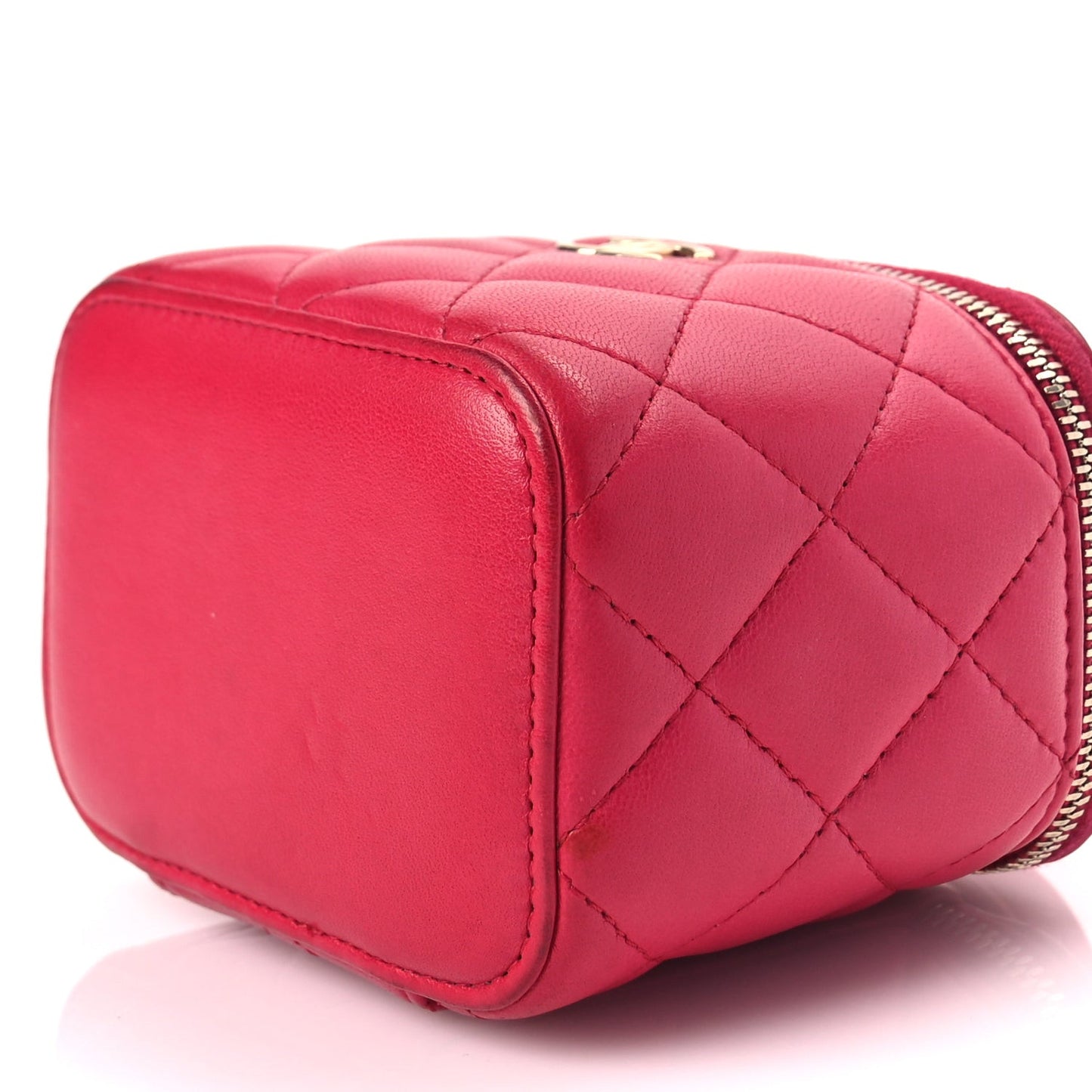 Lambskin Quilted Top Handle Mini Vanity Case With Chain Dark Pink