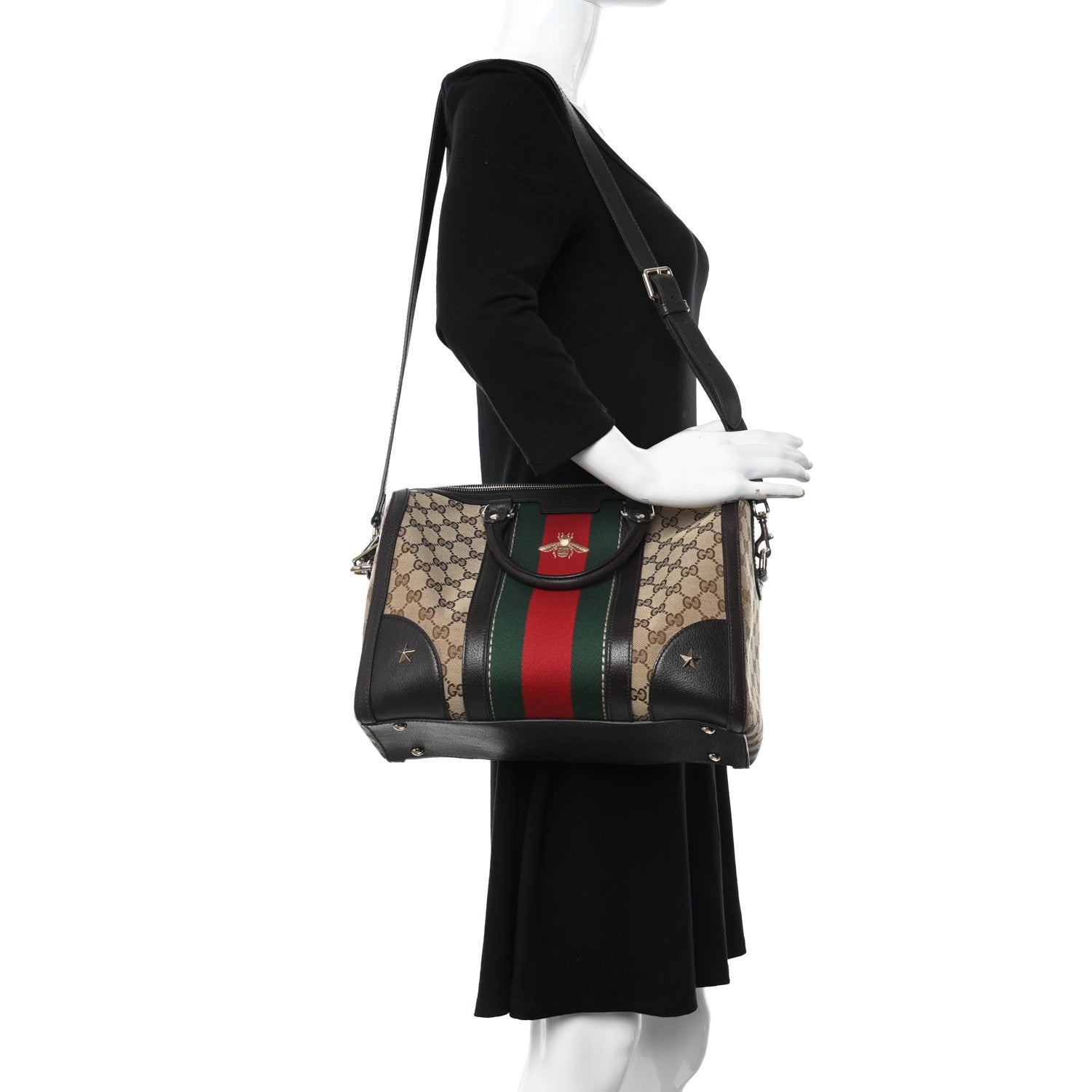 Gucci Monogram Vintage Web Medium Webby Bee Boston Dark Brown 2 of 12