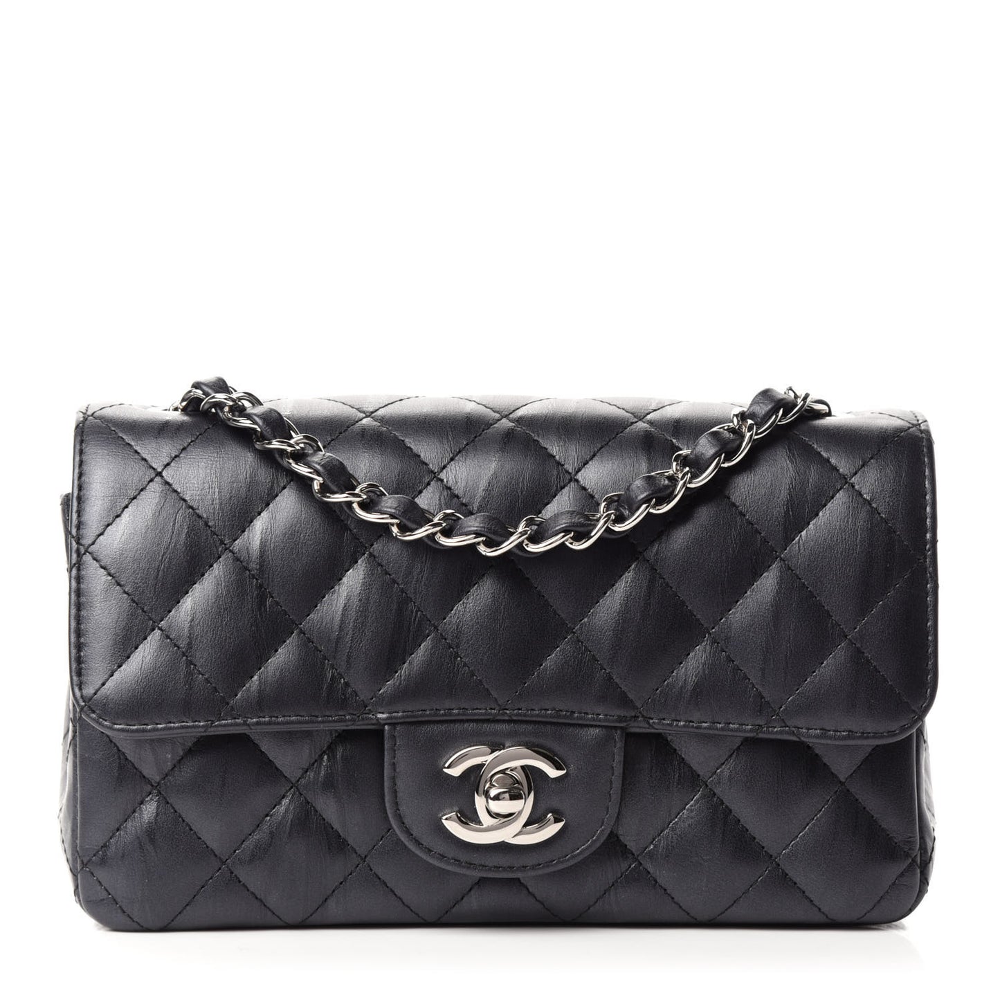 Iridescent Calfskin Quilted Mini Rectangular Flap Charcoal