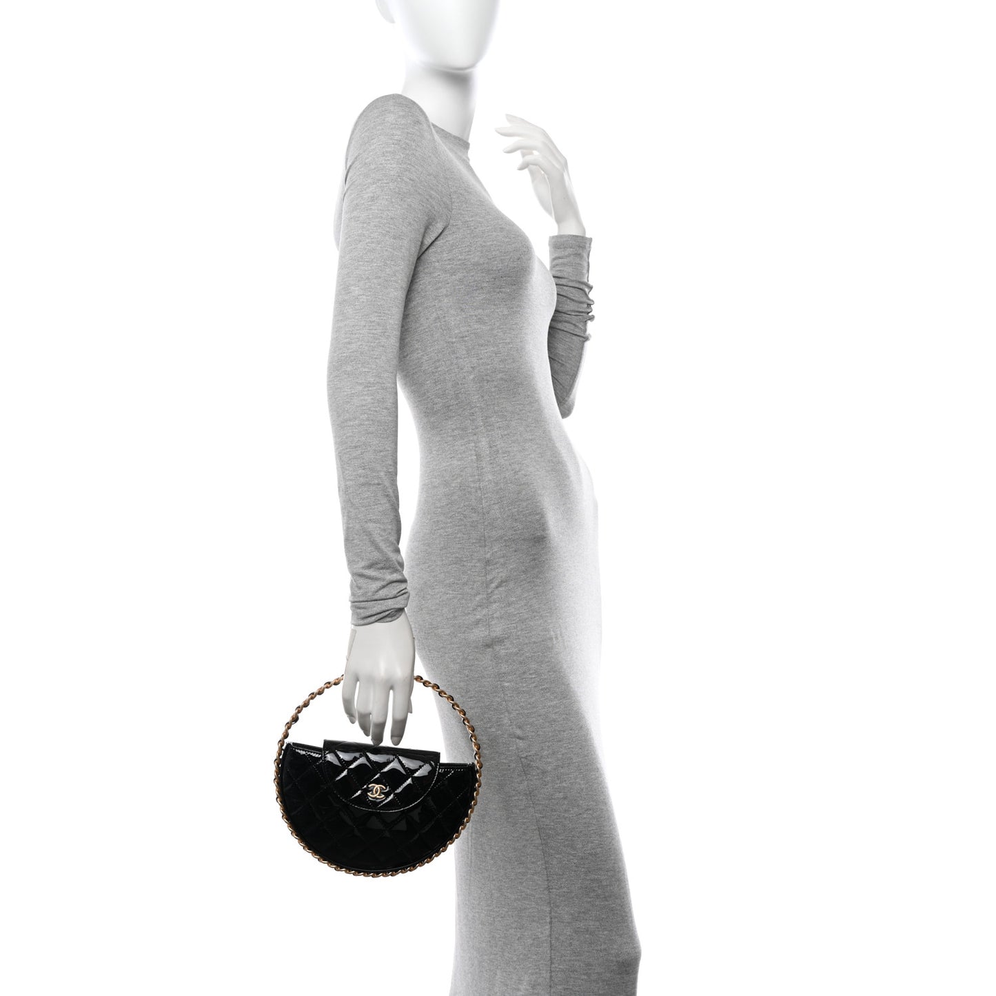 Patent Calfskin Quilted Chain Hoop Bag Black