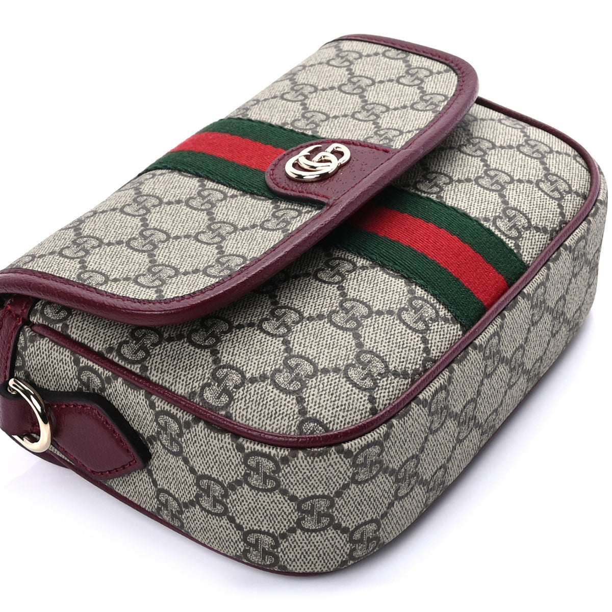 GG Supreme Monogram Textured Dollar Calfskin Small Ophidia Top Handle Shoulder Bag Beige Bordeaux