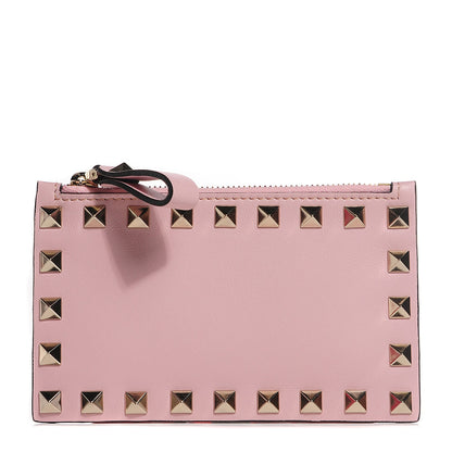 Valentino Garavani Calfskin Rockstud Coin Case Card Holder Water Rose 1 of 8