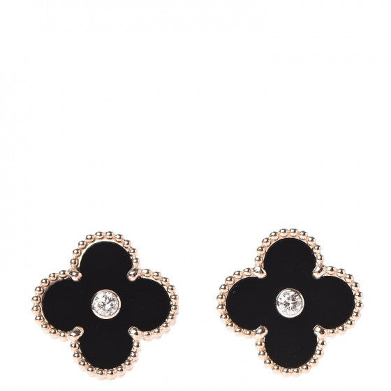 18K Rose Gold Diamond Black Onyx Vintage Alhambra Earrings