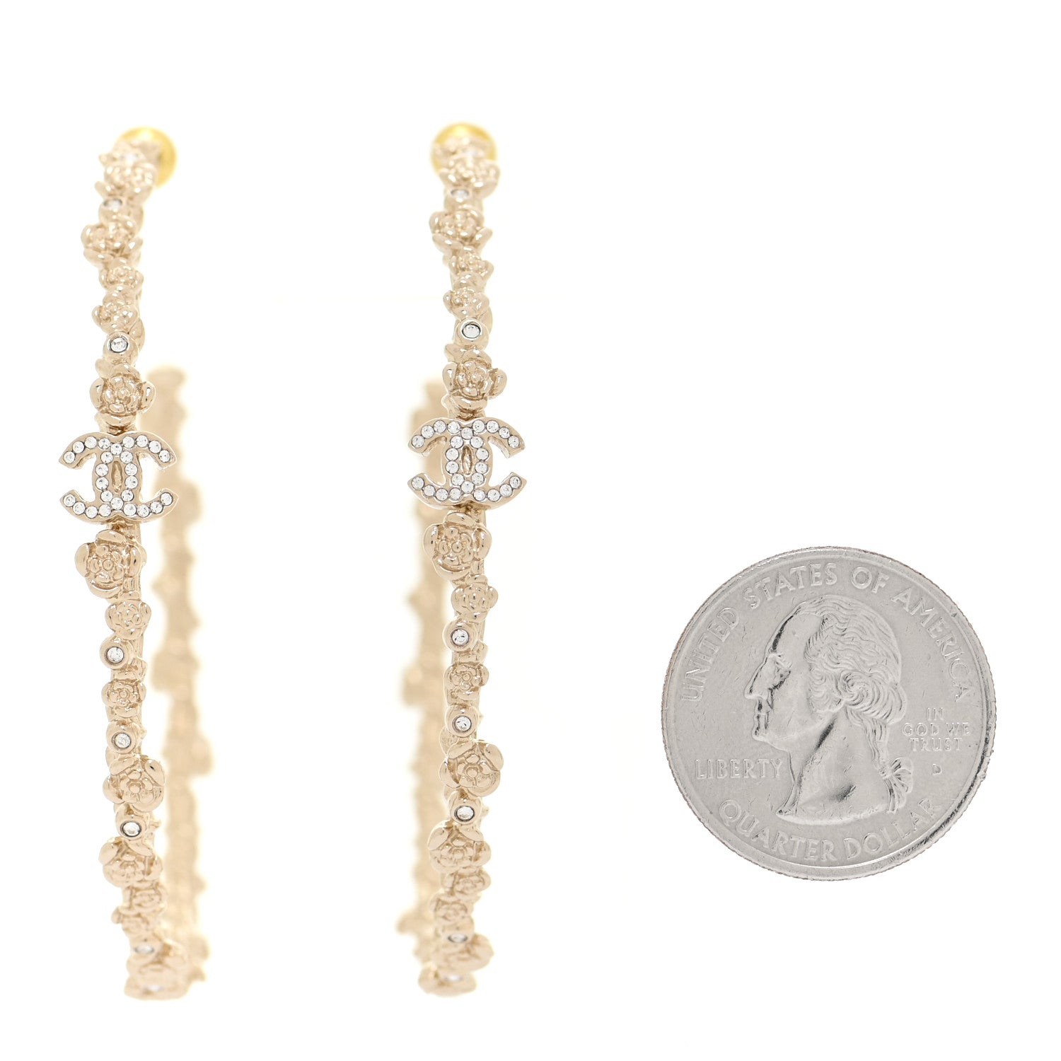 Chanel Crystal Large Camellia CC Hoop Earrings Gold 2 of 5