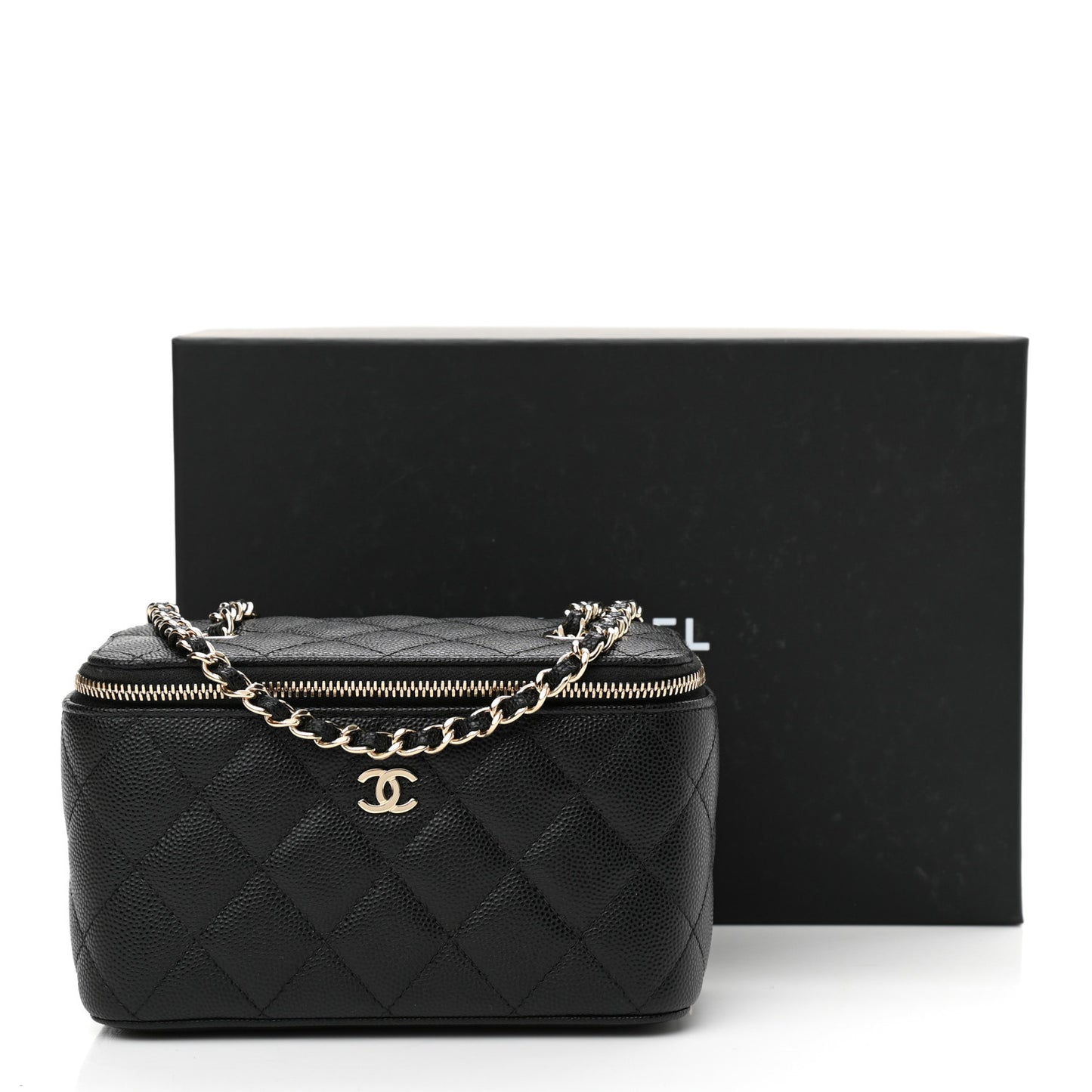 Caviar Quilted Small Vanity Case With Chain Black