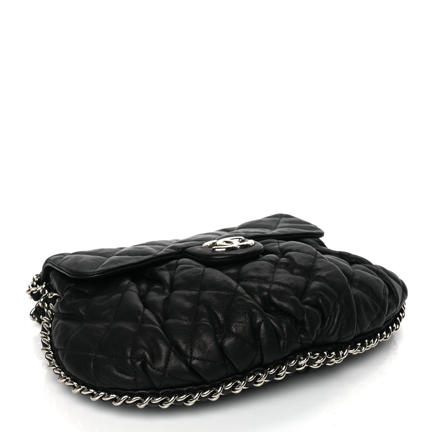 Washed Lambskin Quilted Medium Chain Around Messenger Black