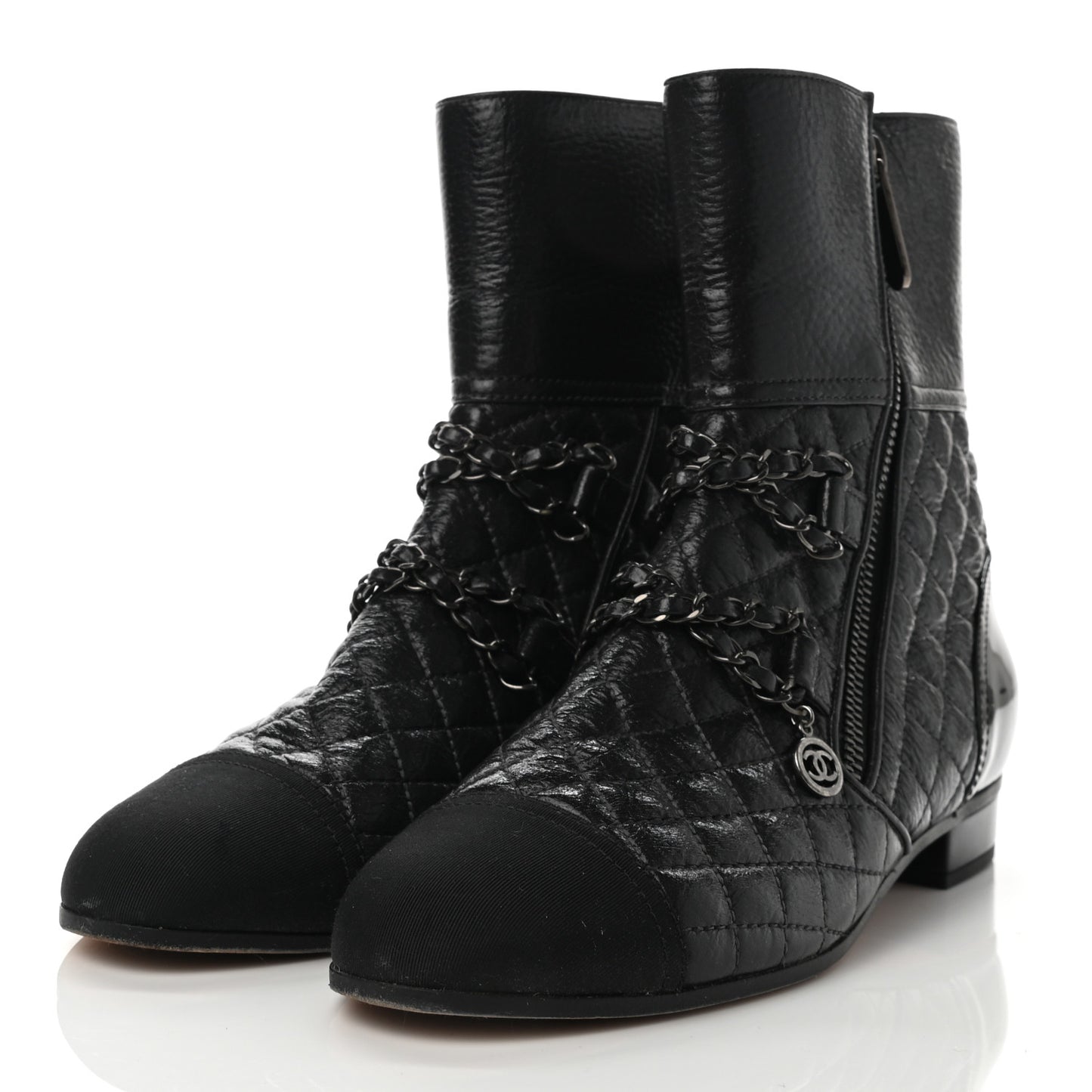 Glazed Deerskin Grosgrain Quilted Cap Toe Chain Boots 38 Grey Black