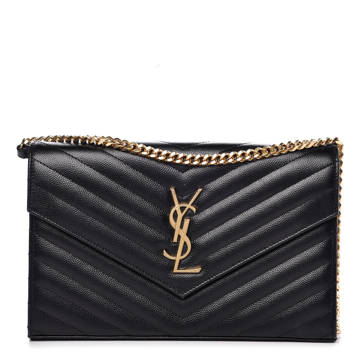 Saint Laurent Grain De Poudre Matelasse Chevron Monogram Chain Wallet Black 1 of 9