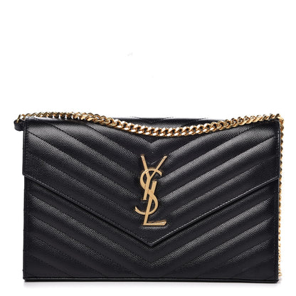 Saint Laurent Grain De Poudre Matelasse Chevron Monogram Chain Wallet Black 1 of 9