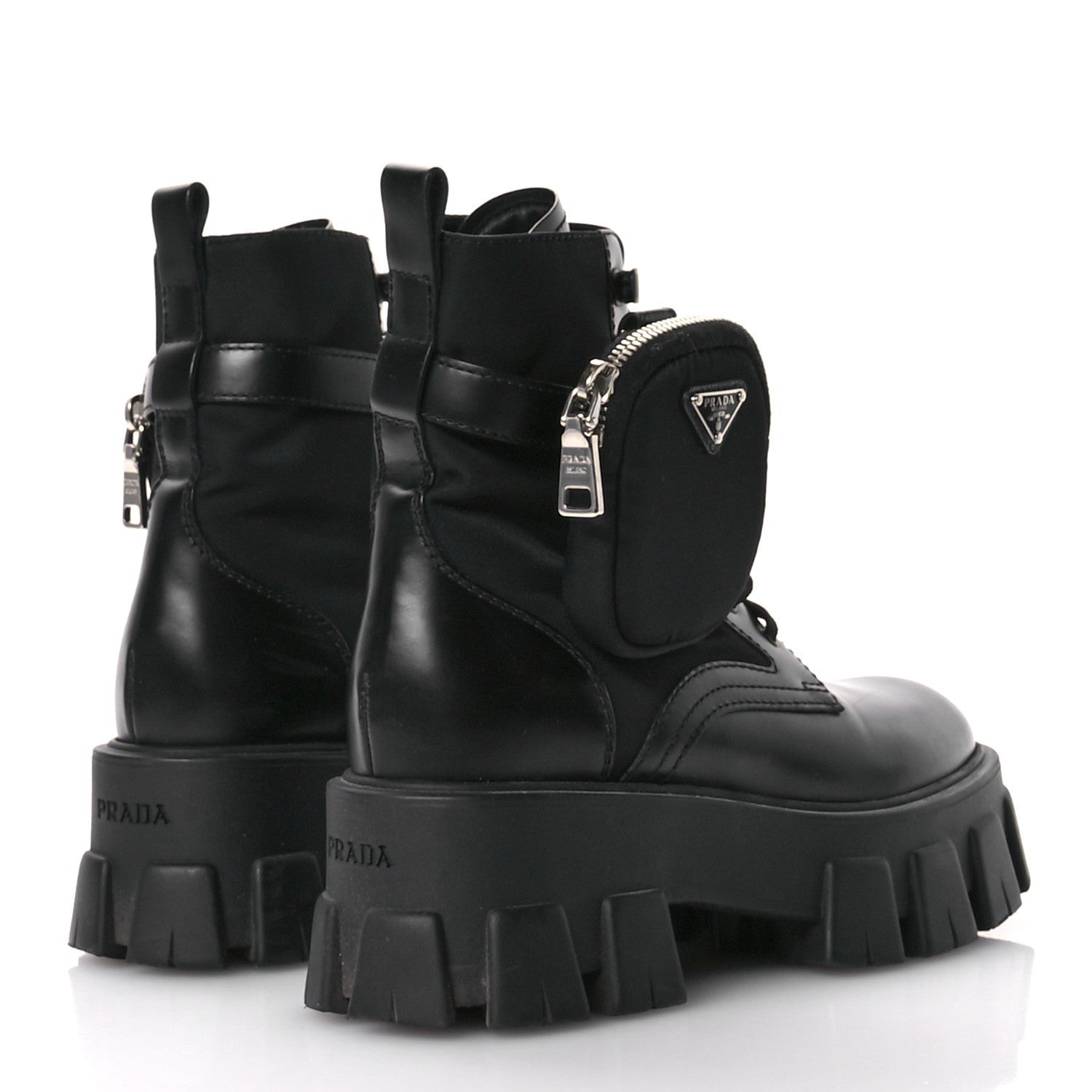 Prada Spazzolato Rois Re-Nylon Metal Triangle Logo Monolith Pouch Pocket 55mm Boots 35.5 Black 5 of 7
