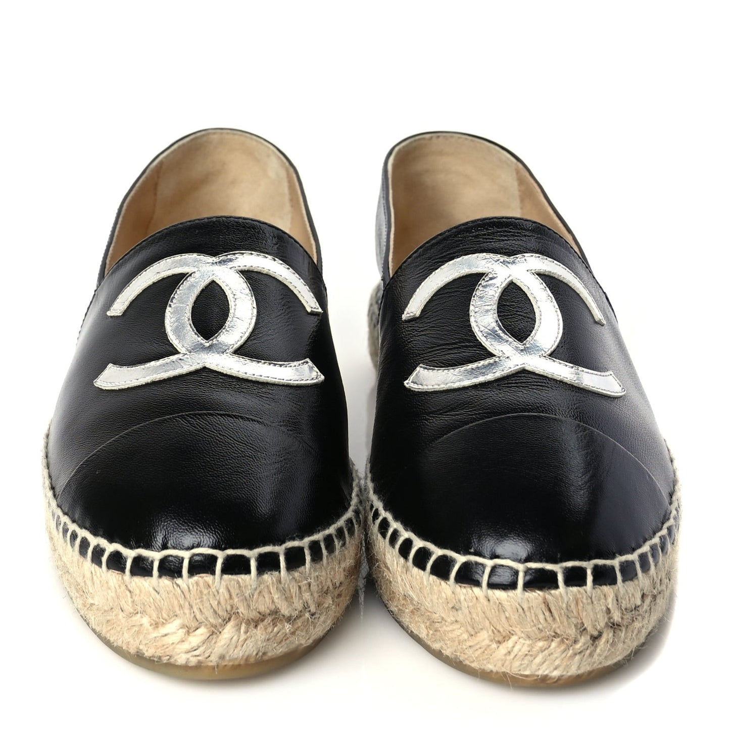 Patent Calfskin Metallic Goatskin CC Espadrilles 37 Black Silver