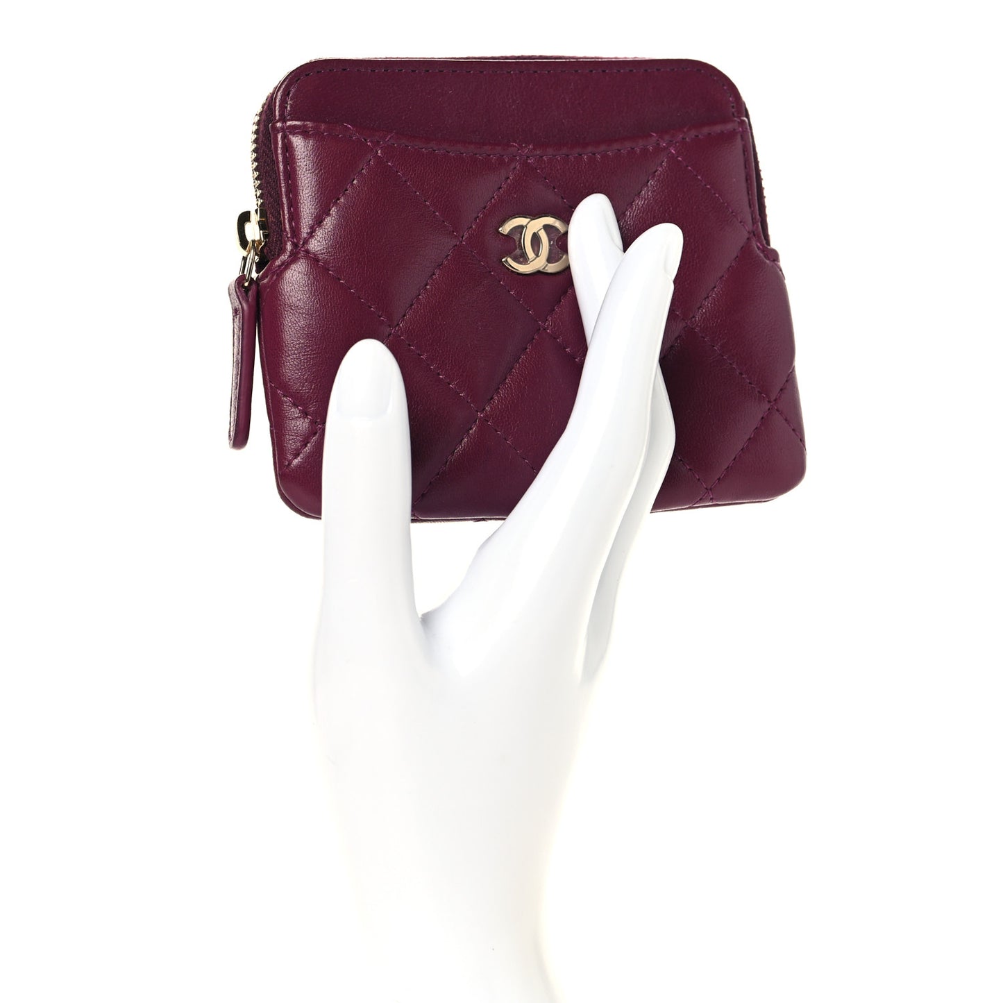 Lambskin Quilted Zip Card Holder Wallet Dark Purple