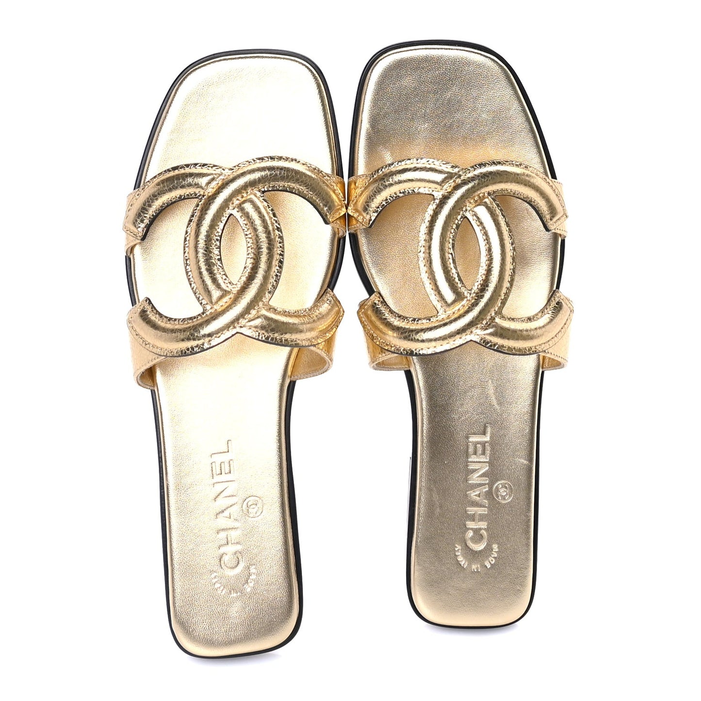 Metallic Lambskin CC Cut Out Mules Sandals 40  Gold