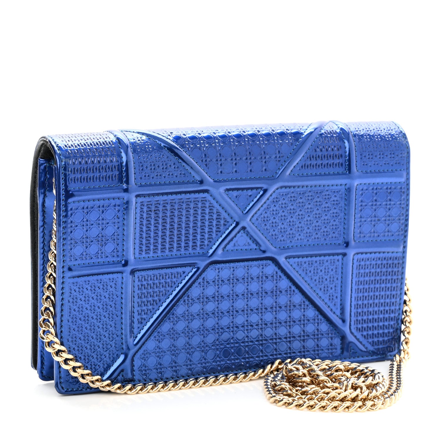 Christian Dior Metallic Patent Micro-Cannage Diorama Wallet on Chain Pouch Mirror Blue 3 of 9