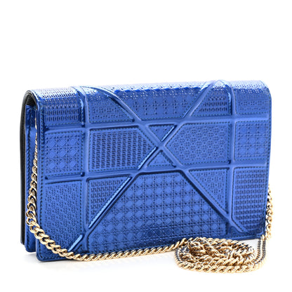 Christian Dior Metallic Patent Micro-Cannage Diorama Wallet on Chain Pouch Mirror Blue 3 of 9