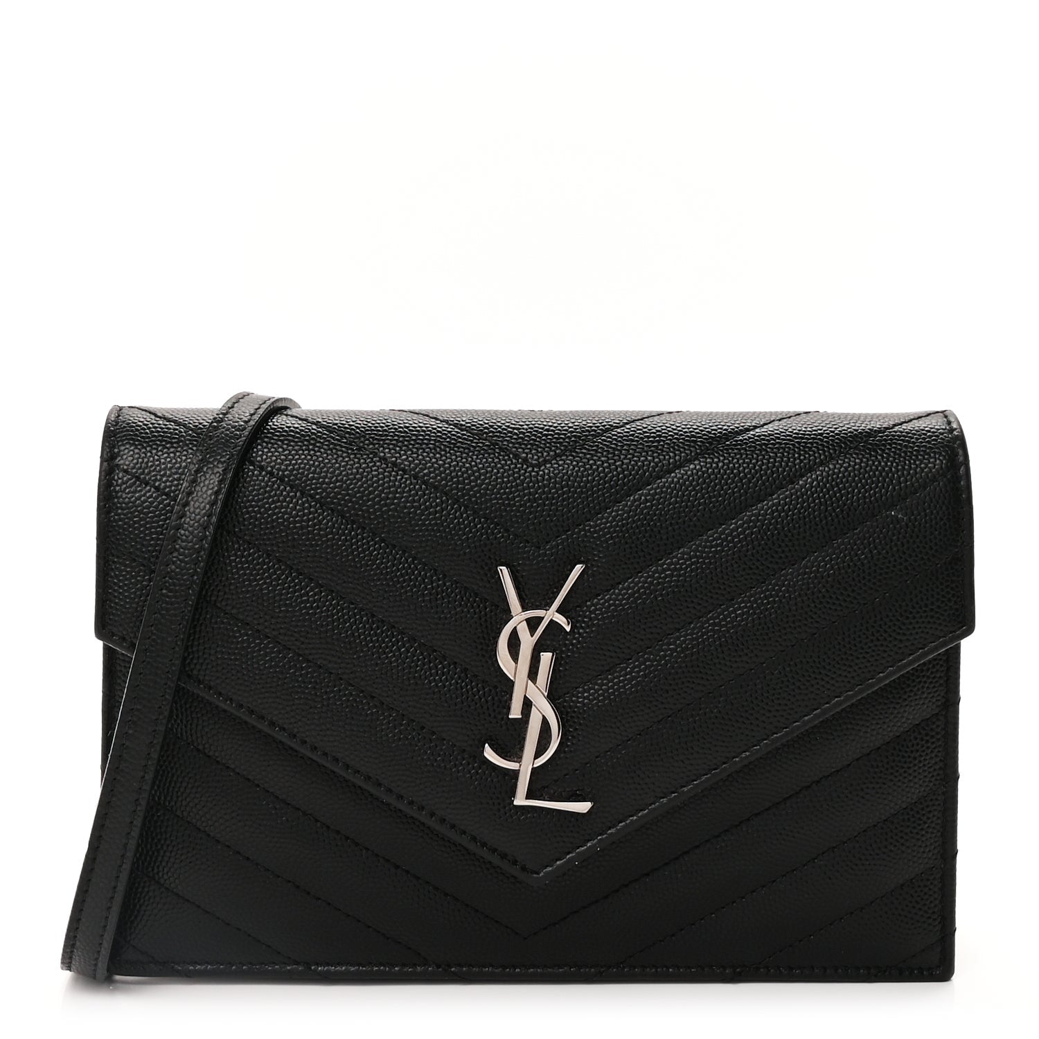 Saint Laurent Grain De Poudre Matelasse Chevron Monogram Envelope Chain Wallet Black 1 of 8