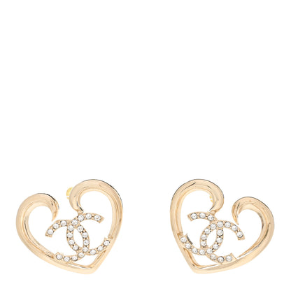 Chanel Metal Crystal CC Logo Open Heart Earrings Gold 1 of 5
