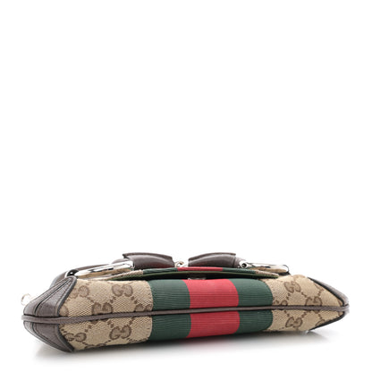 Gucci Monogram Textured Dollar Calfskin Heavy Grosgrain Web Small Maxi Horsebit Chain Shoulder Bag Beige Ebony New Acero 4 of 13