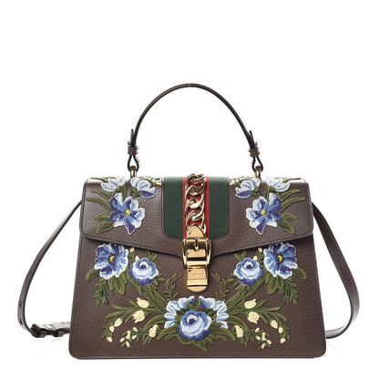 Gucci Calfskin Embroidered Medium Sylvie Top Handle Bag New Acero Multicolor 1 of 11