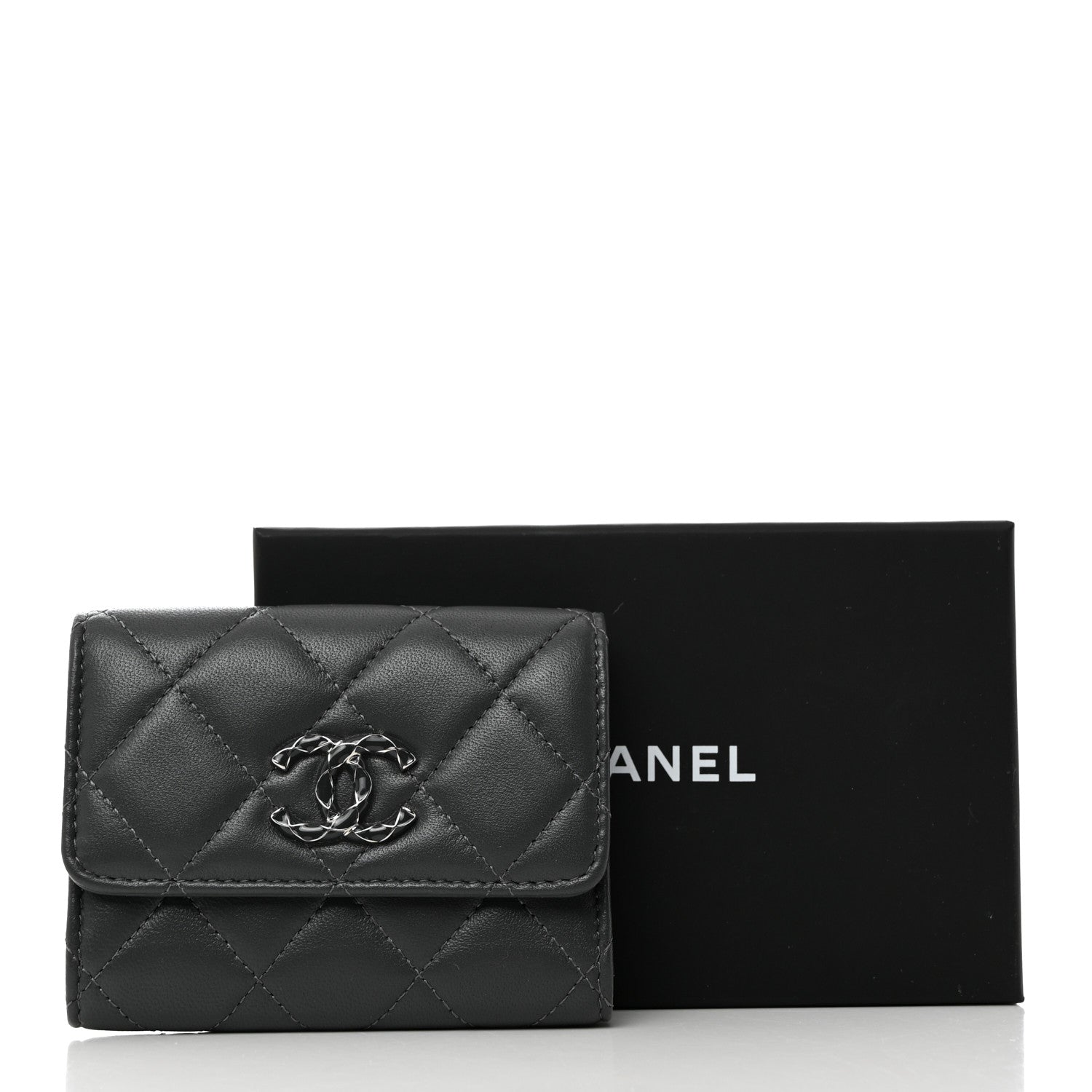 Chanel Lambskin Enamel Quilted Compact Flap Wallet Dark Grey 9 of 9