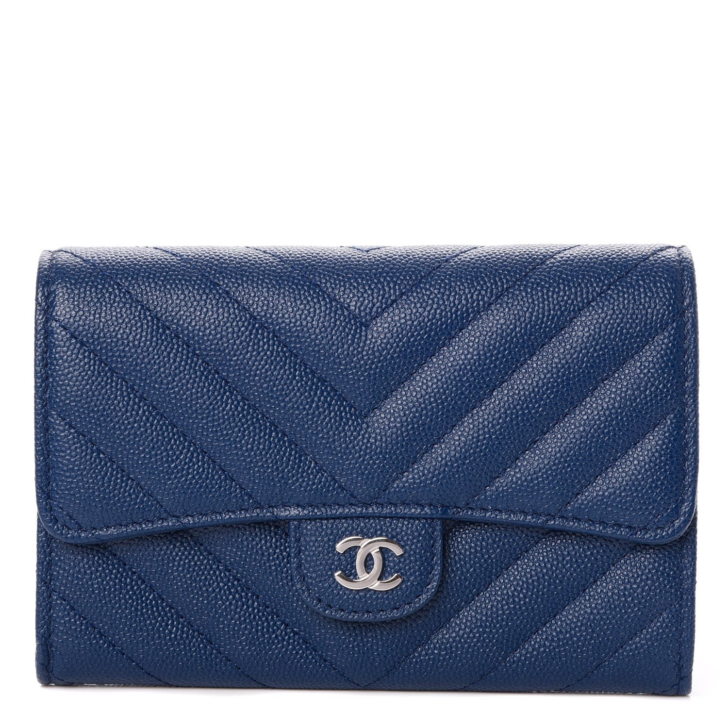 Chanel Caviar Chevron Quilted Medium Flap Wallet Blue 1 of 9