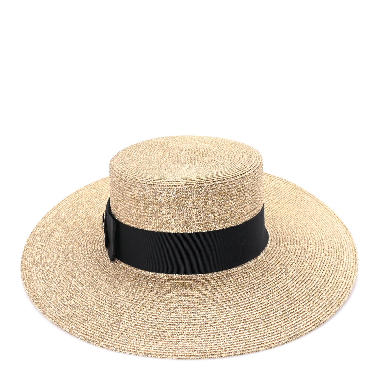 Gucci Glittered Straw Grosgrain Wide Brim Hat M  Gold Black 2 of 7