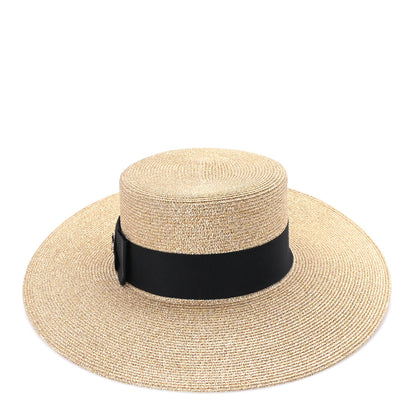 Gucci Glittered Straw Grosgrain Wide Brim Hat M  Gold Black 2 of 7