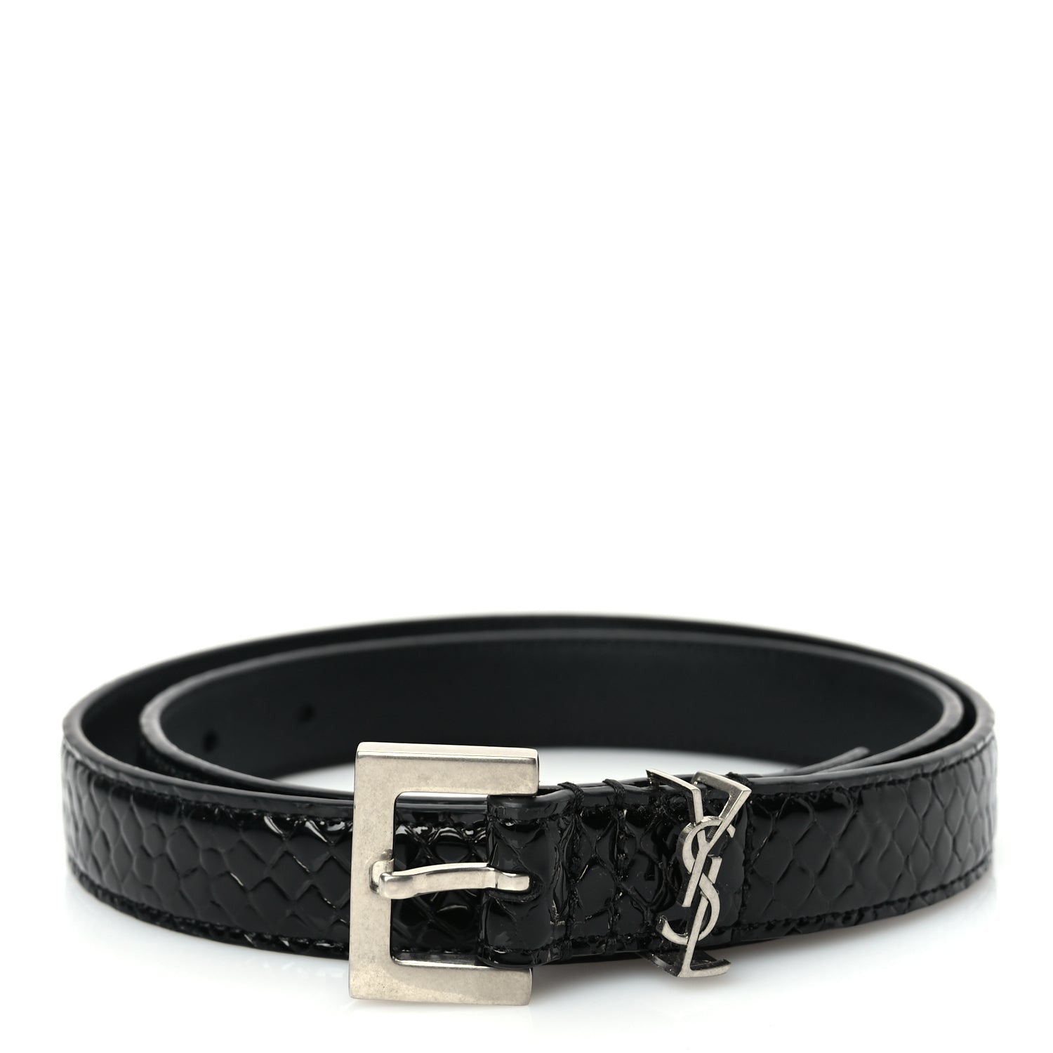 Saint Laurent Calfskin Crocodile Embossed Monogram Square Buckle Belt 75 30 Black 1 of 5