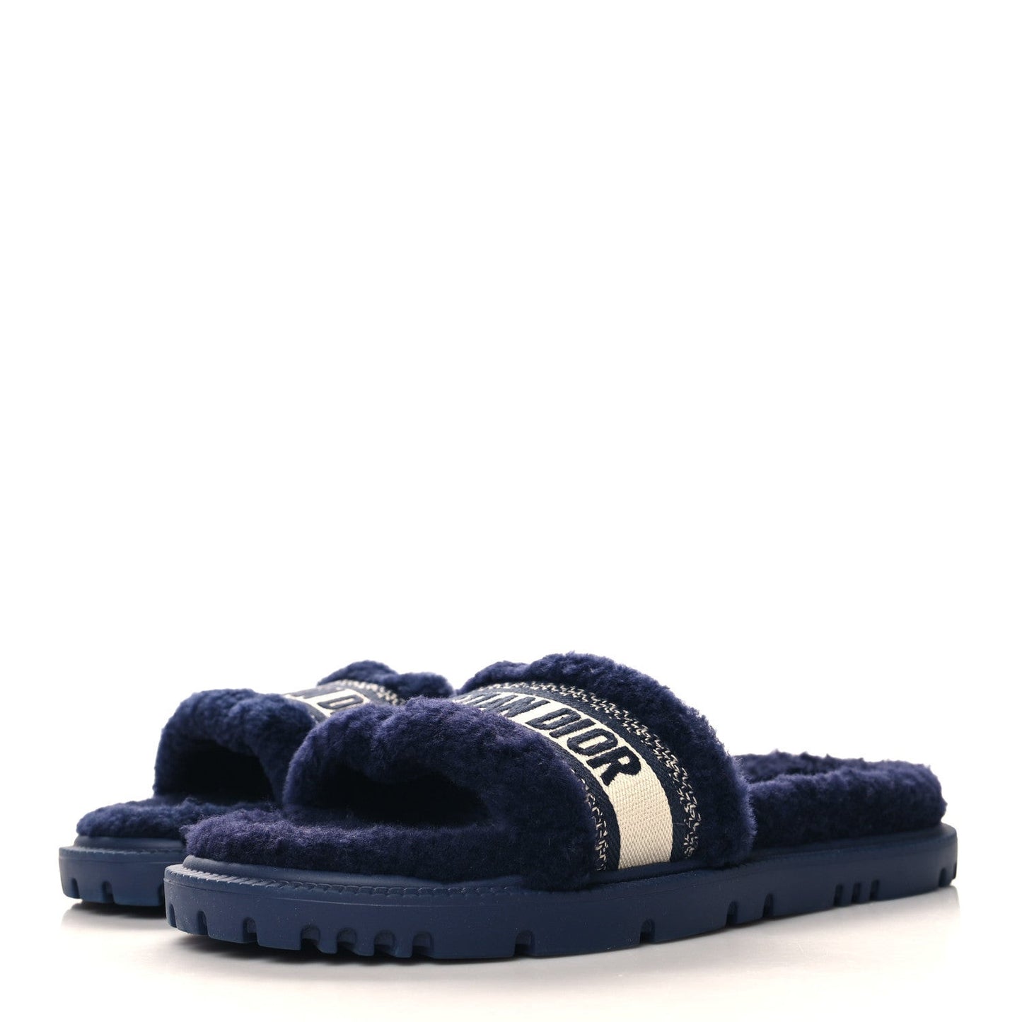 Shearling Canvas Lurex Embroidered Dway 10mm Slide Sandals 41 Navy Natural