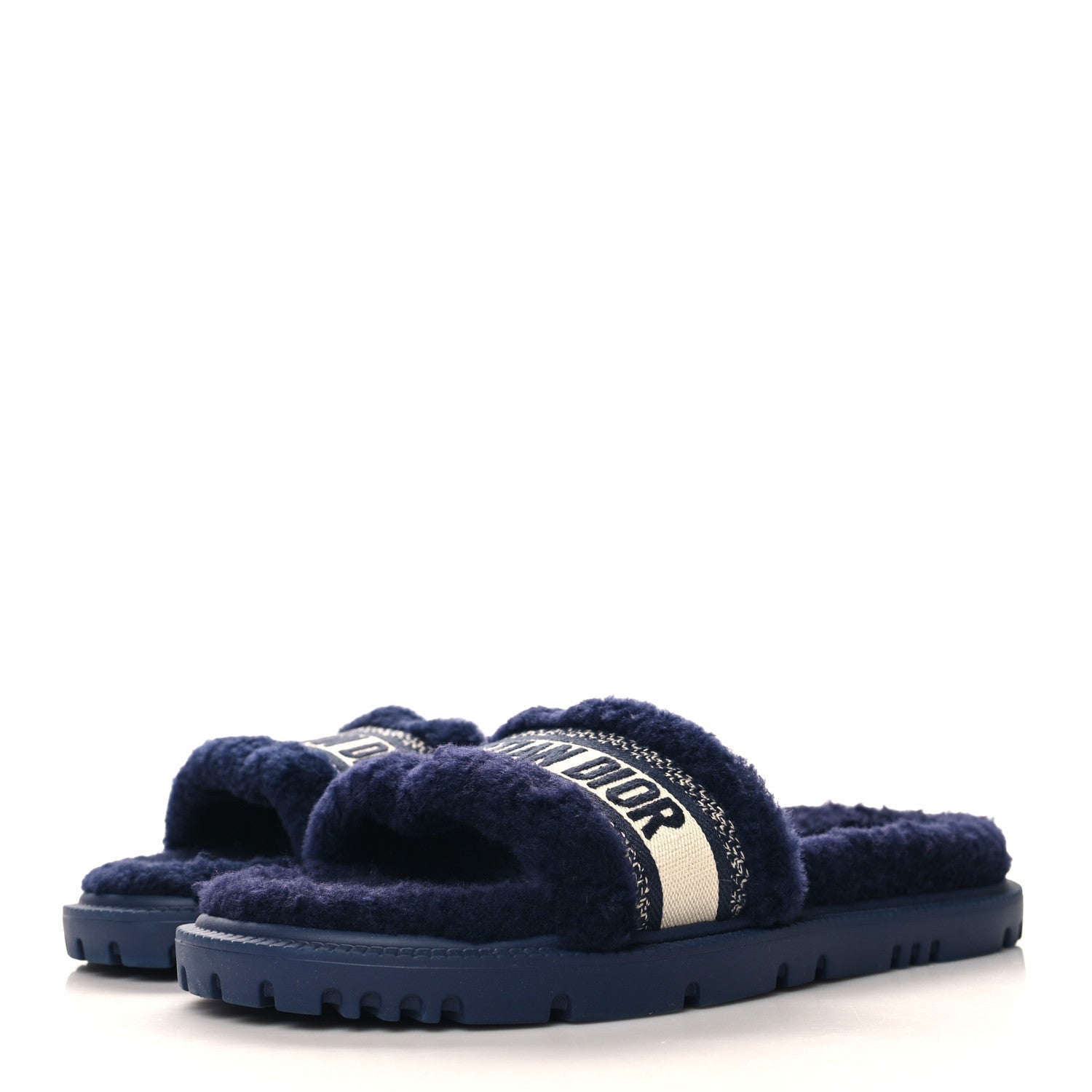 Christian Dior Shearling Canvas Lurex Embroidered Dway 10mm Slide Sandals 41 Navy Natural 4 of 7