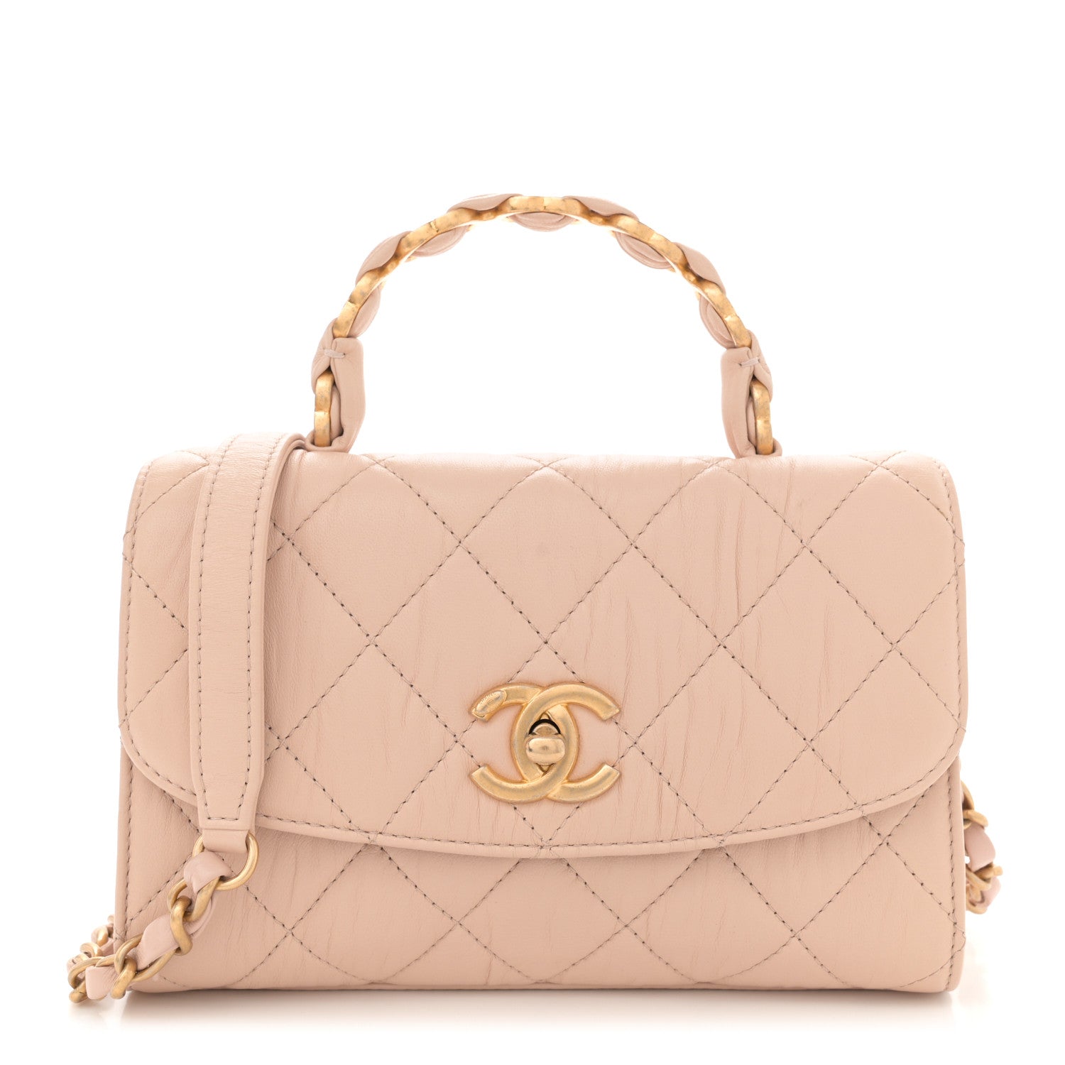 Chanel Crumpled Lambskin Quilted Mini CC Links Top Handle Flap Beige 1 of 11