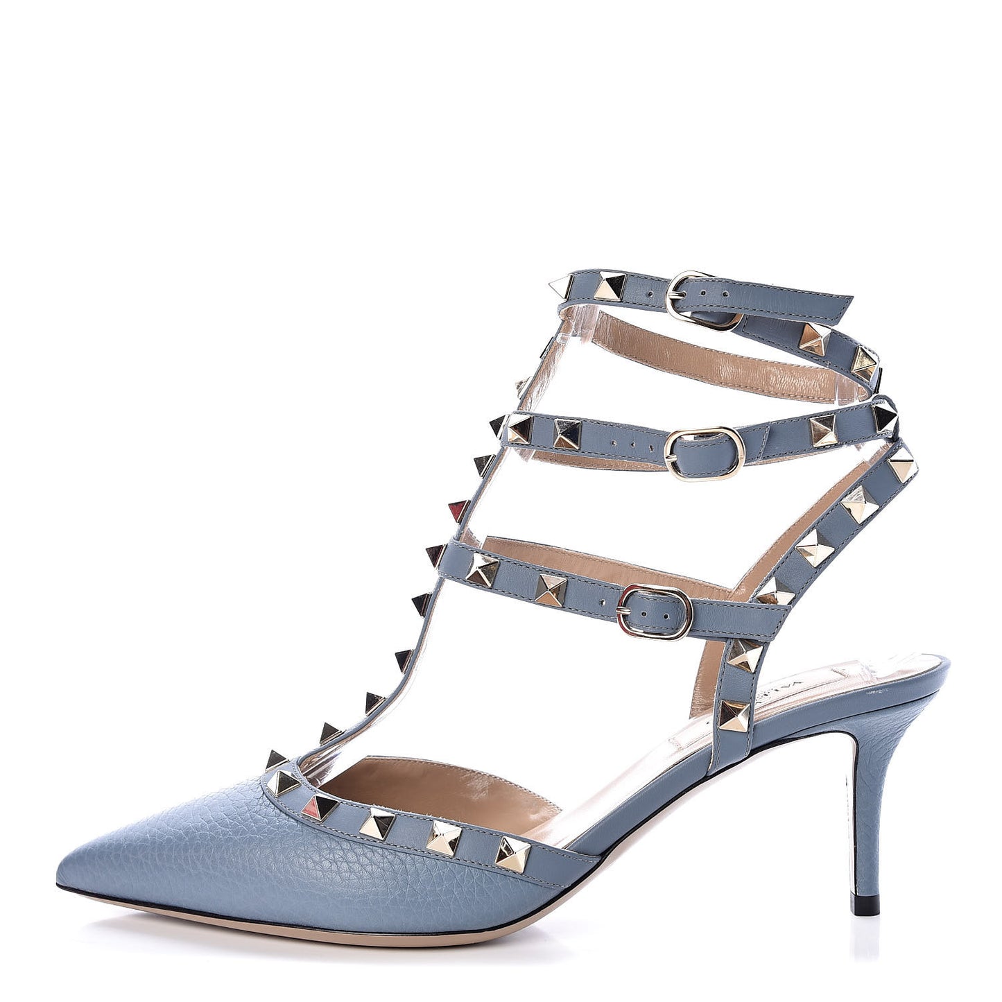 Pebbled Calfskin Rockstud Ankle Strap 65mm Pumps 38 Niagara