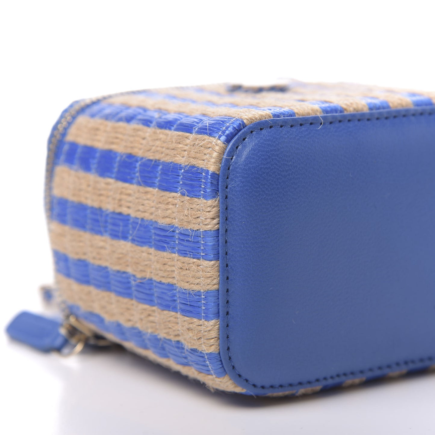 Raffia Jute Striped Mini Vanity Case With Chain Blue Beige