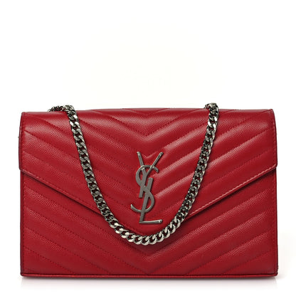 Saint Laurent Grain De Poudre Matelasse Chevron Monogram Chain Wallet New Red 1 of 9