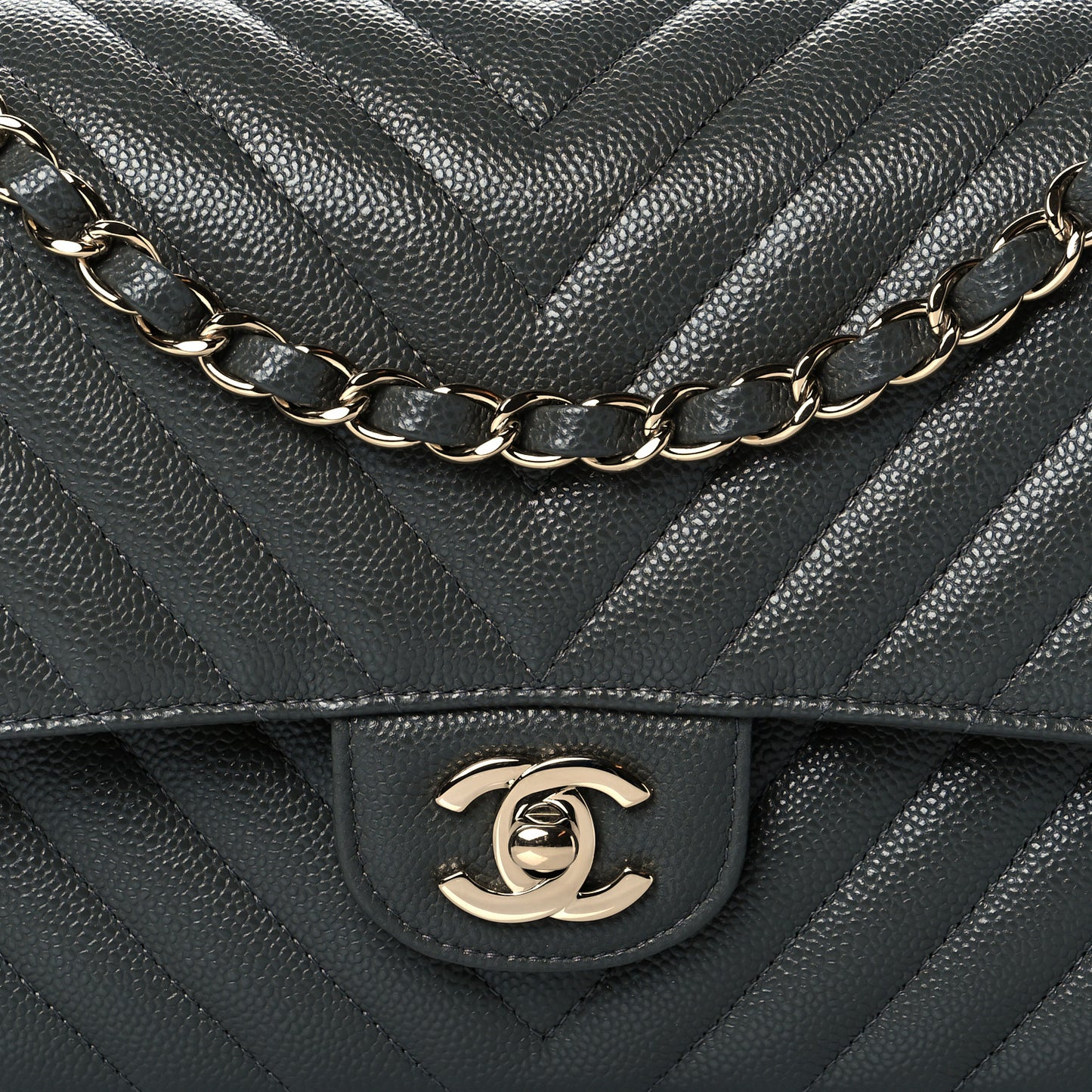 Caviar Chevron Quilted Medium Double Flap Dark Grey