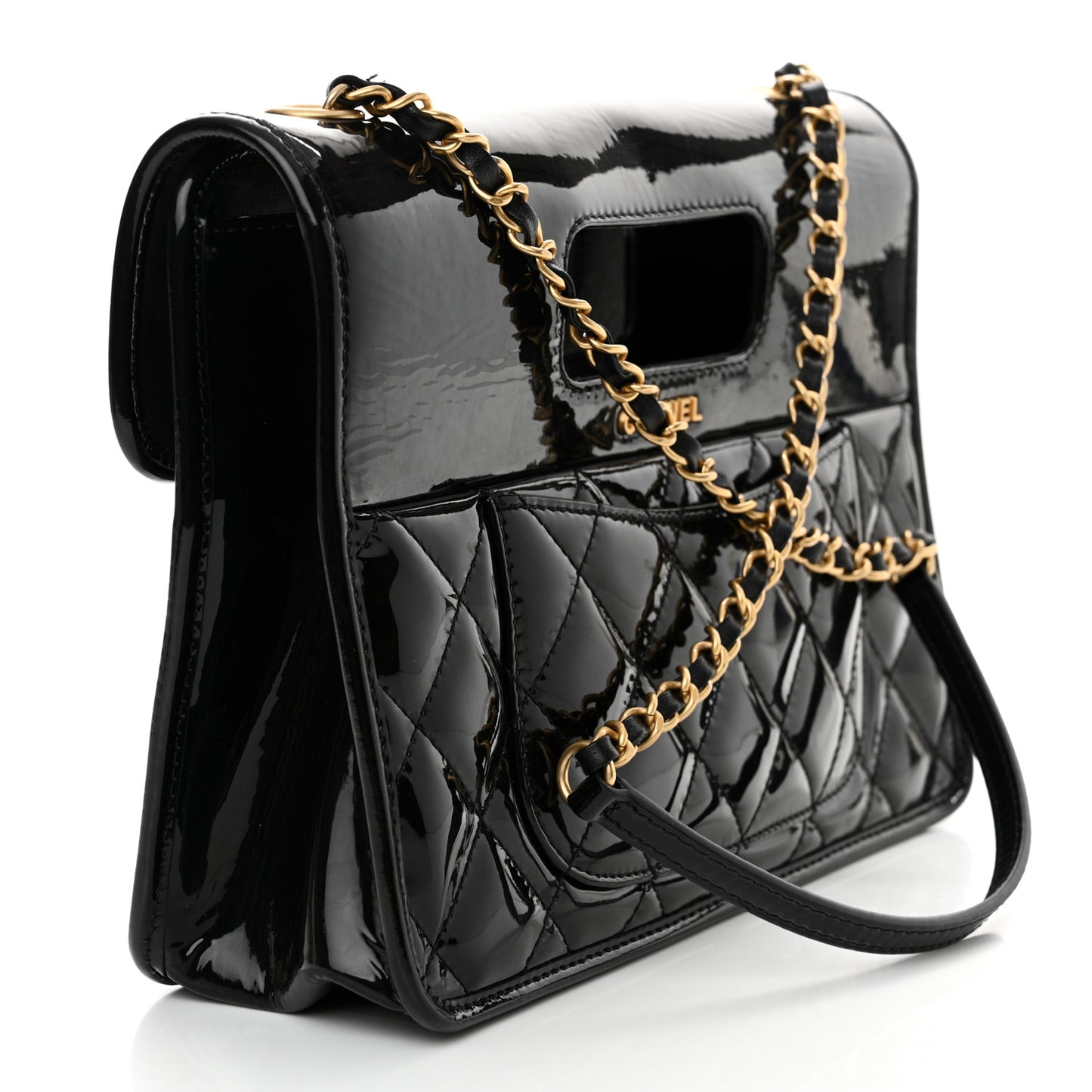 Patent Quilted Graphic Catch Flap Black