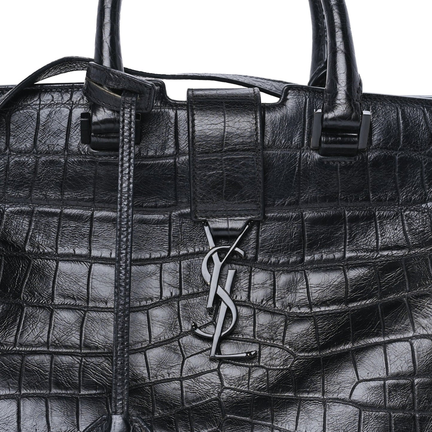 Calfskin Crocodile Embossed Small Monogram Cabas Black