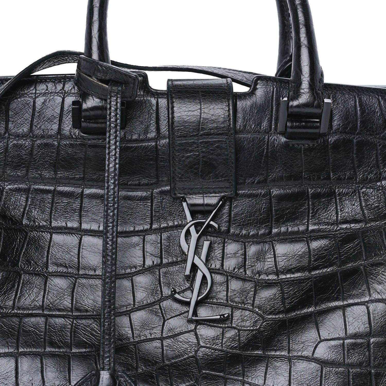 Saint Laurent Calfskin Crocodile Embossed Small Monogram Cabas Black 6 of 7