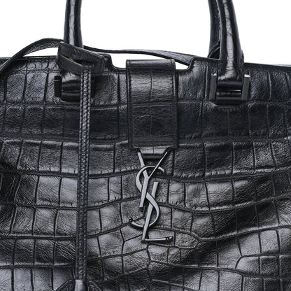 Saint Laurent Calfskin Crocodile Embossed Small Monogram Cabas Black 6 of 7