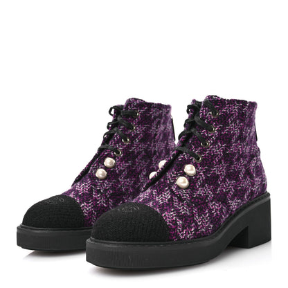 Chanel Tweed Pearl Combat Short Boots 38 Purple Black 3 of 7